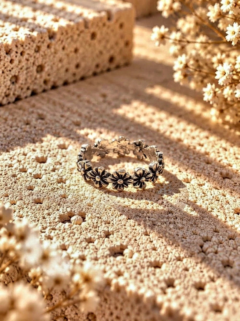Floral Flower Ring in Silver tone